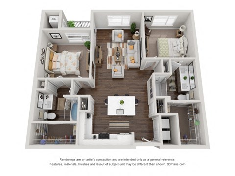 Floor plan for 2 beds, 2 baths, 1134 sqft